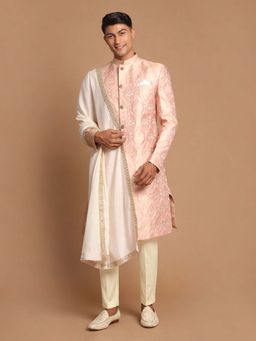 Vastramay - Men Pink Jacquard Silk Blend Sherwani With Cream Pant And Dupatta