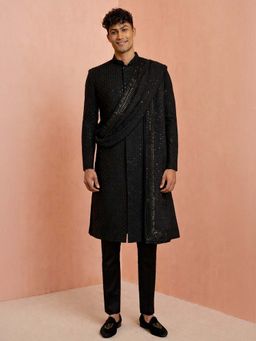 Vastramay - Men Rayon Sequinned Embroidered Sherwani With Pant And Embroidered Georgette Dupatta