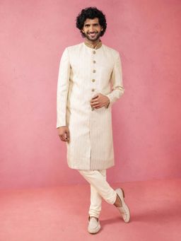 Vastramay - Men Cream Jacquard Silk Blend Cutdana Work Sherwani With Viscose Churidar