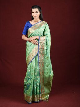 EXCLUSIVA - Green Banarasi Blended Silk Woven Saree Zari Work with Unstitched Blouse
