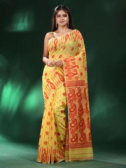 CHARUKRITI - Yellow Silk Cotton Handwoven Soft Jamdani Saree without Blouse