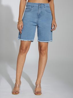 Miss Chase - Womens Light Blue Regular High Rise Clean Look Stretchable Shorts