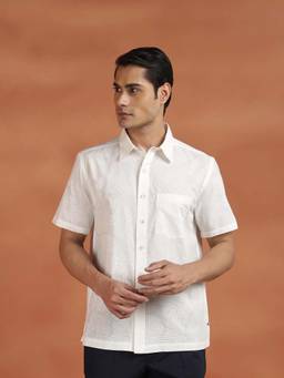 Fabindia - White Cotton Hand Block Printed Bush Shirt
