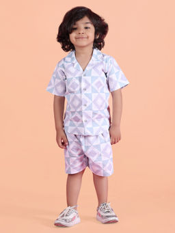 Polka Tots - White Cotton Geometric Half Sleeve Boys Shirt with Shorts( Set of 2)