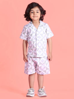 Polka Tots - Grey Cotton Geometric Half Sleeve Boys Shirt with Shorts( Set of 2)