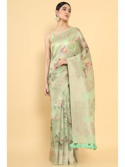 Soch - Women Green Organza Floral Saree with Unstitched Blouse