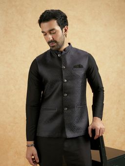 KISAH - Men Navy Blue Textured Silk Blend Nehru Jacket with Zari Design
