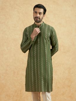 KISAH - Men Olive Green Textured Cotton Blend Kurta with Abstract Print