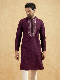 KISAH - Men Purple Sequence Embroidery Cotton Blend Kurta with Zari Design