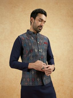 KISAH - Men Multi Coloured Woven Silk Blend Jacquard Nehru Jacket with Zari Design