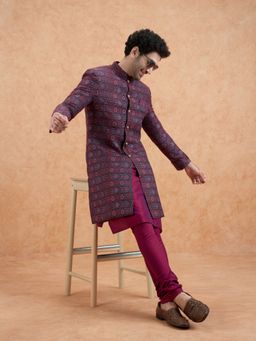 KISAH - Men Magenta Kurta and Sherwani with Churidar (Set of 3)