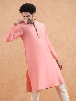 KISAH - Men Hot Pink Solid Cotton Blend Kurta with Thread Work