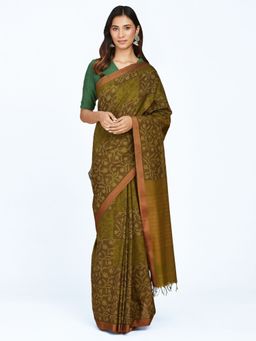 Fabindia - Green Cotton Hand Block Printed Sari with Unstitched Blouse