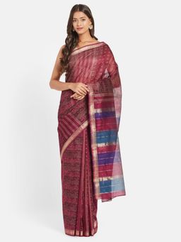 Fabindia - Pink Cotton Silk Blend Hand Block Printed Sari with Unstitched Blouse