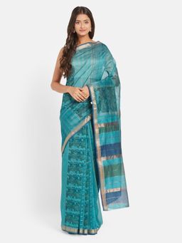 Fabindia - Turquoise Cotton Silk Blend Hand Block Printed Sari with Unstitched Blouse