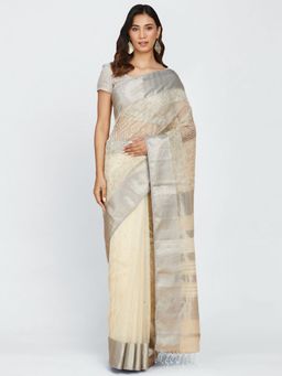 Fabindia - Natural Cotton Silk Blend Hand Block Printed Sari with Unstitched Blouse