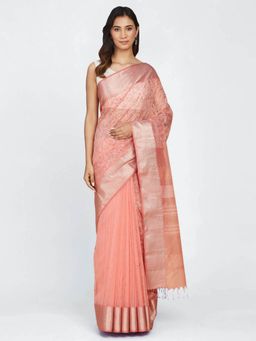 Fabindia - Pink Cotton Silk Blend Hand Block Printed Sari with Unstitched Blouse