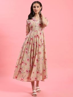 Shree - Women Polyester Beige Floral Printed Dress