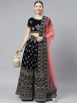 Readiprint - Velvet Navy Blue Lehenga, Choli with Dupatta