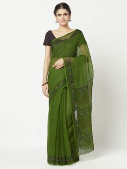 Fabindia - Green Cotton Silk Hand Block Printed Sari with Unstitched Blouse