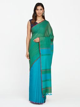 Fabindia - Blue Cotton Hand Woven Sari with Unstitched Blouse