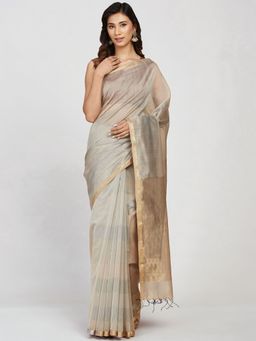 Fabindia - Grey Silk Blend Maheshwari Woven Sari with Unstitched Blouse