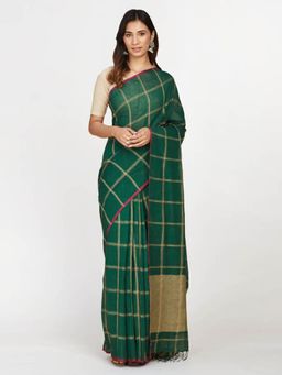 Fabindia - Green Cotton Silk Hand Woven Sari with Unstitched Blouse