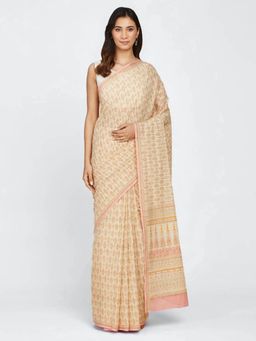 Fabindia - Beige Cotton Hand Block Printed Sari with Unstitched Blouse