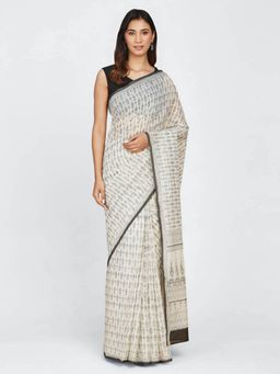 Fabindia - Grey Cotton Hand Block Printed Sari with Unstitched Blouse