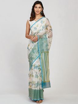 Fabindia - Blue Cotton Silk Hand Block Printed Sari with Unstitched Blouse