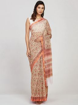 Fabindia - Orange Cotton Silk Hand Block Printed Sari with Unstitched Blouse