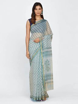 Fabindia - Blue Cotton Silk Hand Block Printed Sari with Unstitched Blouse
