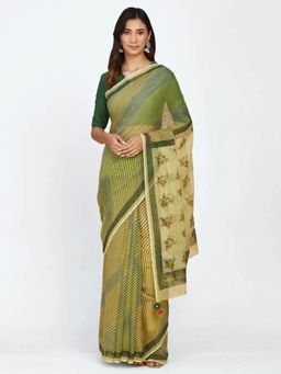 Fabindia - Green Cotton Silk Hand Block Printed Sari with Unstitched Blouse