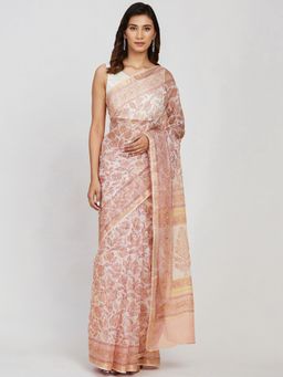 Fabindia - Natural Silk Blend Hand Block Printed Sari with Unstitched Blouse