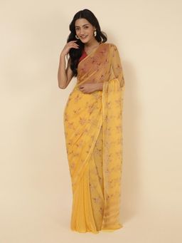 Fabindia - Yellow Viscose Hand Block Printed Sari with Unstitched Blouse