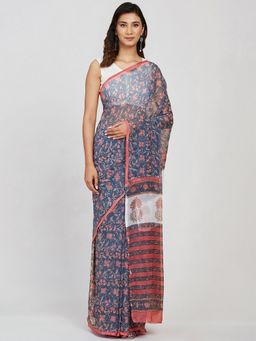 Fabindia - Indigo Viscose Hand Block Printed Sari with Unstitched Blouse