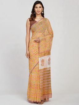 Fabindia - Yellow Viscose Hand Block Printed Sari with Unstitched Blouse