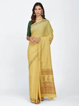 Fabindia - Yellow Cotton Hand Block Printed Sari with Unstitched Blouse