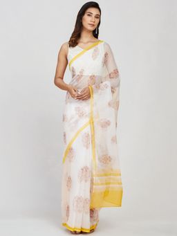 Fabindia - White Cotton Silk Hand Block Printed Sari with Unstitched Blouse