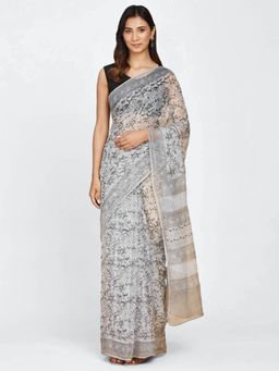 Fabindia - Grey Cotton Silk Hand Block Printed Sari with Unstitched Blouse