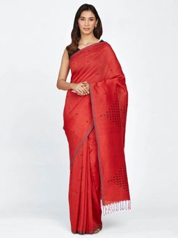 Fabindia - Red Linen Blend Jamdani Woven Sari with Unstitched Blouse