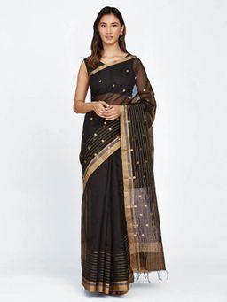 Fabindia - Black Cotton Silk Chanderi Woven Sari with Unstitched Blouse