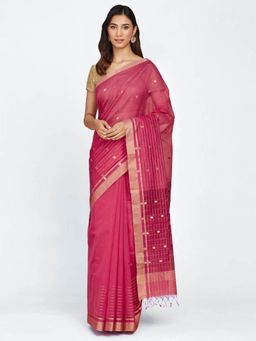 Fabindia - Pink Cotton Silk Chanderi Woven Sari with Unstitched Blouse