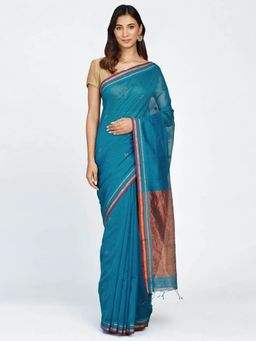 Fabindia - Blue Cotton Silk Woven Sari with Unstitched Blouse