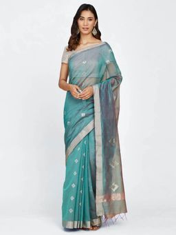 Fabindia - Turquoise Cotton Silk Chanderi Woven Sari with Unstitched Blouse