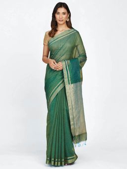 Fabindia - Green Cotton Silk Blend Maheshwari Woven Sari with Unstitched Blouse