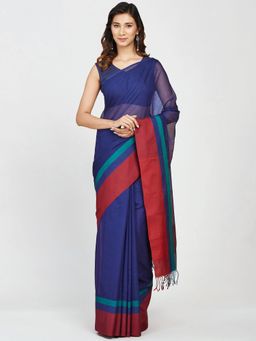 Fabindia - Navy Viscose Blend Woven Sari with Unstitched Blouse