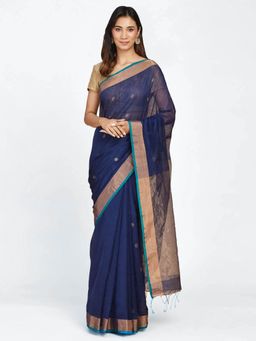 Fabindia - Navy Cotton Silk Jamdani Woven Sari with Unstitched Blouse