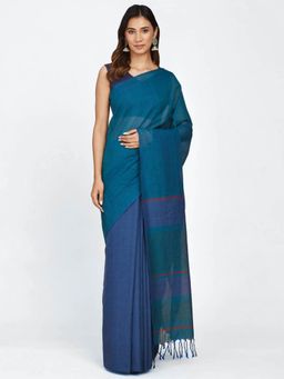 Fabindia - Teal Cotton Woven Sari with Unstitched Blouse