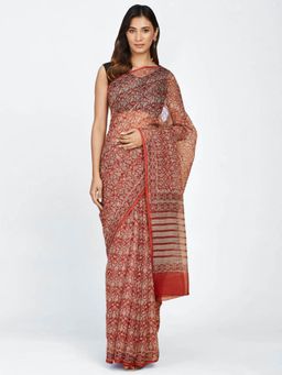 Fabindia - Maroon Cotton Silk Bagru Printed Sari with Unstitched Blouse